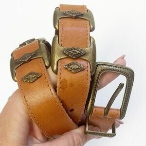 VTG 90’s Robinson's BROWN LEATHER BELT Brass Metal‎ Buckle and Conchos 30-34